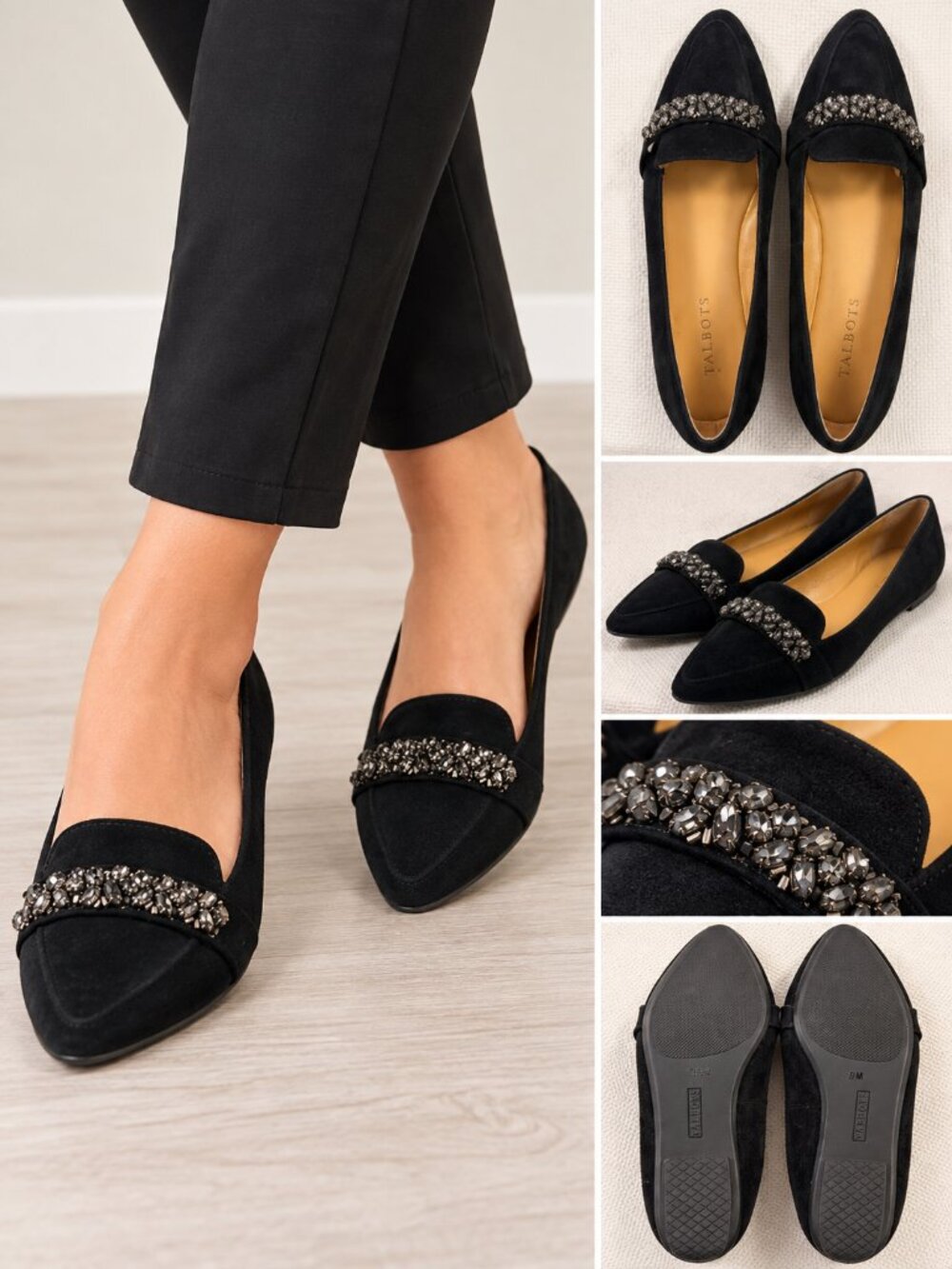 Talbots Black Suede Jeweled Embellished Pointed Toe Flats 9M